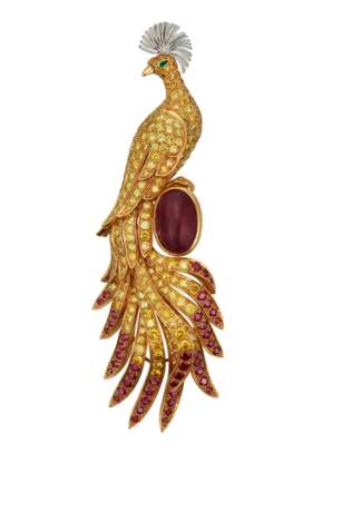 CARTIER COLORED DIAMOND, RUBY AND EMERALD PEACOCK BROOCH - Foto 1