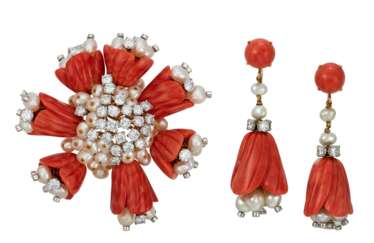 M. G&#201;RARD SET OF CORAL, DIAMOND AND FRESHWATER PEARL JEWELRY