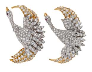 TIFFANY &amp; CO. PAIR OF DIAMOND AND RUBY BIRD BROOCHES