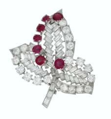 CARTIER RUBY AND DIAMOND LEAF BROOCH