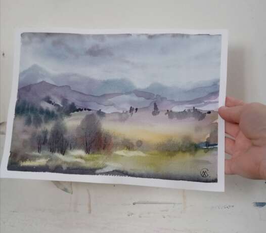 Painting “Mountain landscape in watercolor.”, Paper, Watercolor, Impressionist, Landscape painting, Russia, 2021 - photo 2
