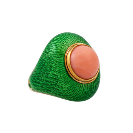 Außergewöhnlicher Ring mit lachsfarbener Koralle und grünem Email - photo 1