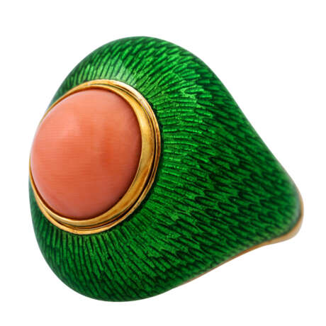 Außergewöhnlicher Ring mit lachsfarbener Koralle und grünem Email - Foto 5