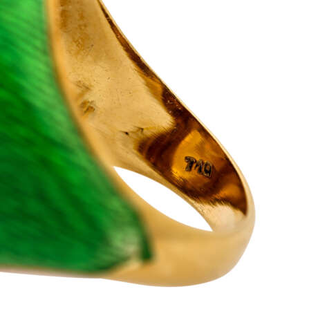 Außergewöhnlicher Ring mit lachsfarbener Koralle und grünem Email - photo 6