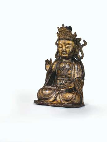 STATUE DE GUANYIN EN BRONZE LAQUE OR - photo 1