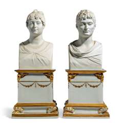 A PAIR OF F&#220;RSTENBERG WHITE BISCUIT PORCELAIN BUSTS OF THE KING AND QUEEN OF WESTPHALIA