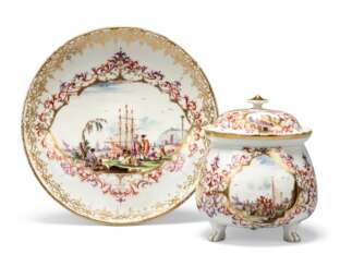 A MEISSEN PORCELAIN CREAM-POT, COVER AND STAND