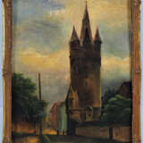 Straßenansicht mit mittelalterlichem Turm, 19. Jh., naiver Stil - фото 1