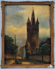 Straßenansicht mit mittelalterlichem Turm, 19. Jh., naiver Stil