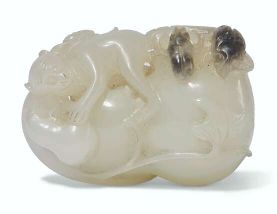 A WHITE JADE 'MONKEY AND GOURD' GROUP - photo 1