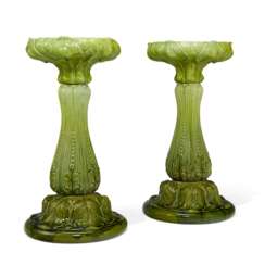 A PAIR OF ENGLISH (BRETBY) MAJOLICA GREEN-GLAZED JARDINIERE STANDS