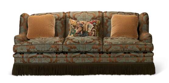 A SATIN DAMASK UPHOLSTERED THREE-SEAT SOFA - photo 1