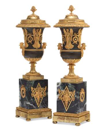 A PAIR OF DIRECTOIRE ORMOLU-MOUNTED, PATINATED-BRONZE AND MARBLE BRULE PARFUMS - photo 1