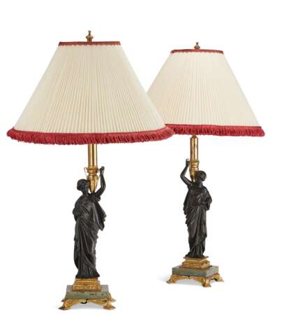 A PAIR OF FRENCH ORMOLU, PATINATED-BRONZE AND MARBLE LAMPS - photo 1
