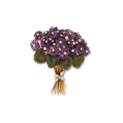 NEPHRITE, AMETHYST AND DIAMOND FLORAL BROOCH
