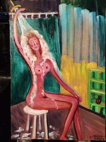 Gemälde „Nackt unter der Dusche“, Hartfaserplatte, Pinsel, Genre Nude, Ukraine, 2021 - Foto 1