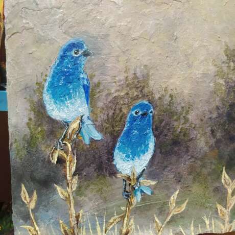 Парочка синих птиц в траве картина маслом Peinture à l'huile Art contemporain Russie 2021 - photo 1