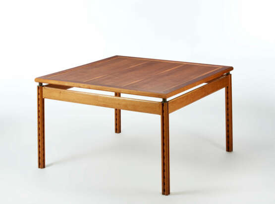 Study table in solid wood with square top adjustable in height, supported by four legs with crosspieces - photo 1