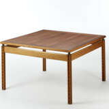Study table in solid wood with square top adjustable in height, supported by four legs with crosspieces - фото 1