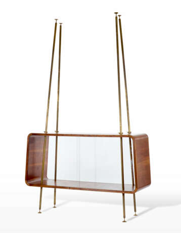 Center display cabinet with rounded body in solid wood and veneer, sliding glass doors, four brass strut supports - Foto 1