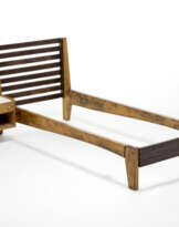 Single bed and hanging bedside table with hinged drawer and open compartment of the 