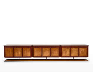 Sideboard in solid mahogany wood, edged and veneered with three elements each divided into three doors, truncated cone legs with brass tips, grissin front