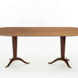 Dining table in solid wood edged with mahogany veneer with two grooved truncated cone supports on three bent legs - photo 1