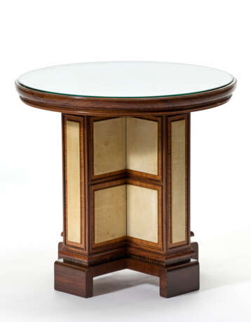 Coffee table with circular top, cross support on a bench base - фото 1
