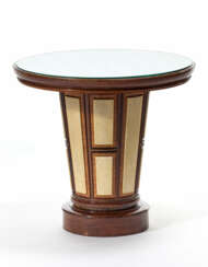 Coffee table with circular top and overturned truncated cone support on a cylindrical frame base