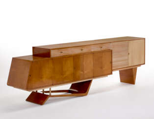 Large sideboard veneered in different woods composed of two intersected parallelepiped bodies supported by a sled support and struts and by a triangular section tip