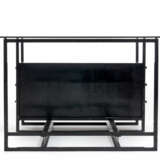 Center desk in welded square section tubular metal and painted black, double-sided chest of drawers in black stained wood, tempered glass top - фото 5