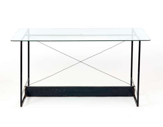 Table / desk in black painted "L" shaped metal with steel cable bracing, top in Securit glass - photo 1
