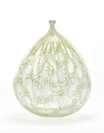Vase in crystal blown glass with inclusion of thin irregular filaments in lattimo and yellow glass - фото 1