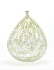 Vase in crystal blown glass with inclusion of thin irregular filaments in lattimo and yellow glass