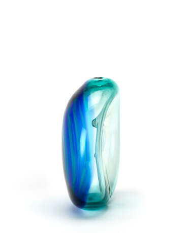  Large globular vase in transparent, colorless and greenish blown glass, with concentric bands applied in green and blue glass - photo 4