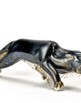 Black glass paste sculpture with crystal glass applications with gold, lattimo and red leaf