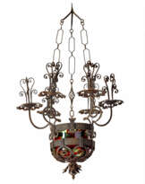 Six-light cesendello chandelier in wrought iron and embossed iron sheet, including a transparent blown glass boiler vase with green, red and amethyst filaments on a colorless background