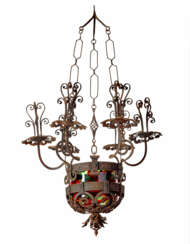 Six-light cesendello chandelier in wrought iron and embossed iron sheet, including a transparent blown glass boiler vase with green, red and amethyst filaments on a colorless background