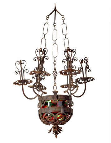 Six-light cesendello chandelier in wrought iron and embossed iron sheet, including a transparent blown glass boiler vase with green, red and amethyst filaments on a colorless background - photo 1