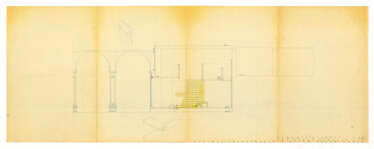 Sheet with heliocopy on the back with the cross section of the project presented in the Municipality in April 1957, with notes by Carlo Scarpa for the steps and vertical partitions of the staircase; on the back studies for the steps of the staircase