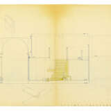 Sheet with heliocopy on the back with the cross section of the project presented in the Municipality in April 1957, with notes by Carlo Scarpa for the steps and vertical partitions of the staircase; on the back studies for the steps of the staircase - photo 1