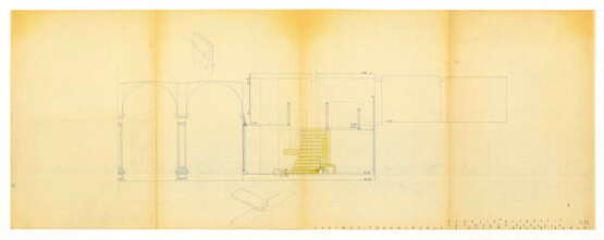 Sheet with heliocopy on the back with the cross section of the project presented in the Municipality in April 1957, with notes by Carlo Scarpa for the steps and vertical partitions of the staircase; on the back studies for the steps of the staircase - фото 1
