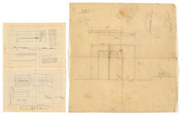 Squared sheet with Carlo Scarpa's study on the recto and indications for the treatment of the Istrian stone slabs of the external cladding and on the reverse side of the marble cutter; combined with a second sheet with a study for the lateral support