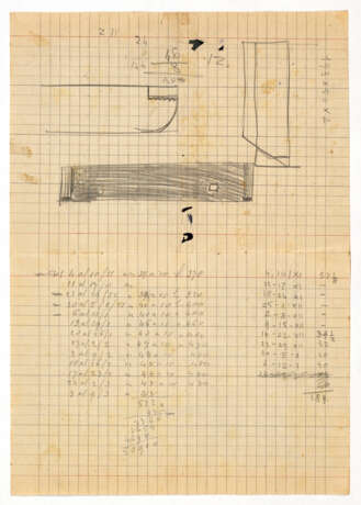 Squared sheet with Carlo Scarpa's study on the recto and indications for the treatment of the Istrian stone slabs of the external cladding and on the reverse side of the marble cutter; combined with a second sheet with a study for the lateral support - photo 3
