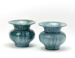 Lot of two glazed ceramic vases in shades of blue and green "sgocciolato"