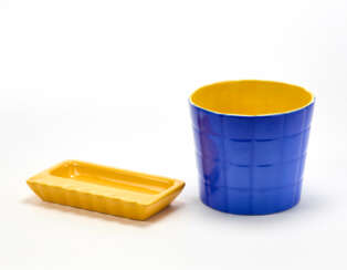 Lot consisting of a blue and yellow glazed ceramic vase and a yellow ceramic pocket emptier
