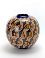 Globular vase in matt glazed ceramic with white and blue geometric decorations and naturalistic subjects and tools in shades of brown and yellow