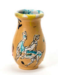 Ceramic vase with horse and rider decoration on an ocher background