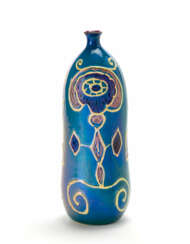 Bottle in underglazed terracotta with stylized figures with naturalistic motifs in relief in yellow, pink and blue on a light blue background