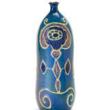 Bottle in underglazed terracotta with stylized figures with naturalistic motifs in relief in yellow, pink and blue on a light blue background - photo 1